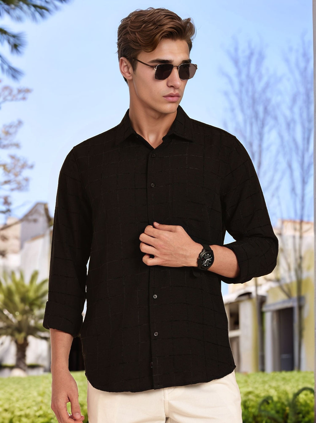 Thomas Scott Men Black Regular Fit Long Sleeves Spread Collar Windowpane Checks Casual Shirt