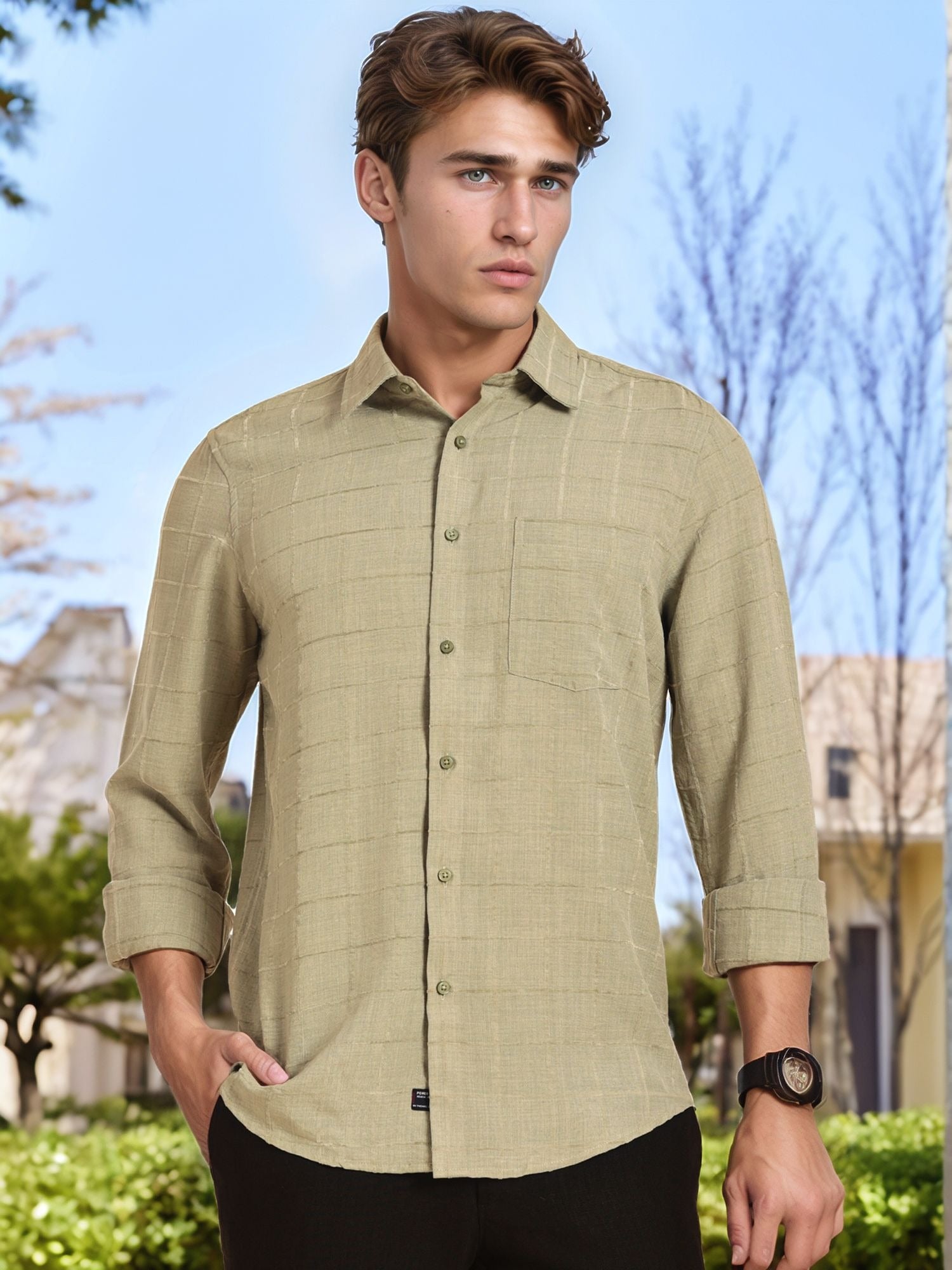 Thomas Scott Men Green Regular Fit Long Sleeves Spread Collar Windowpane Checks Casual Shirt