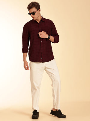 Thomas Scott Men Maroon Regular Fit Long Sleeves Spread Collar Windowpane Checks Casual Shirt