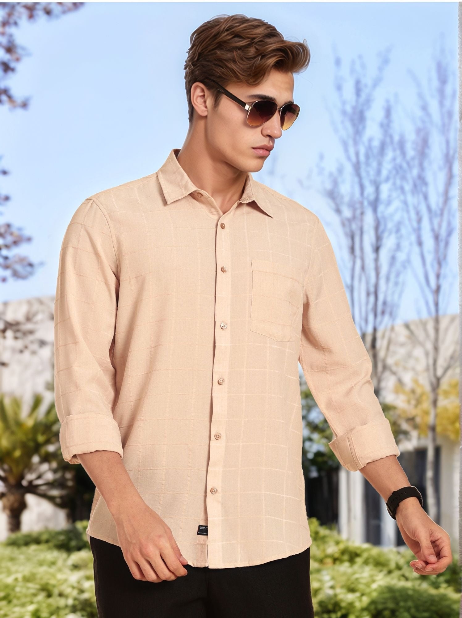 Thomas Scott Men Beige Regular Fit Long Sleeves Spread Collar Windowpane Checks Casual Shirt