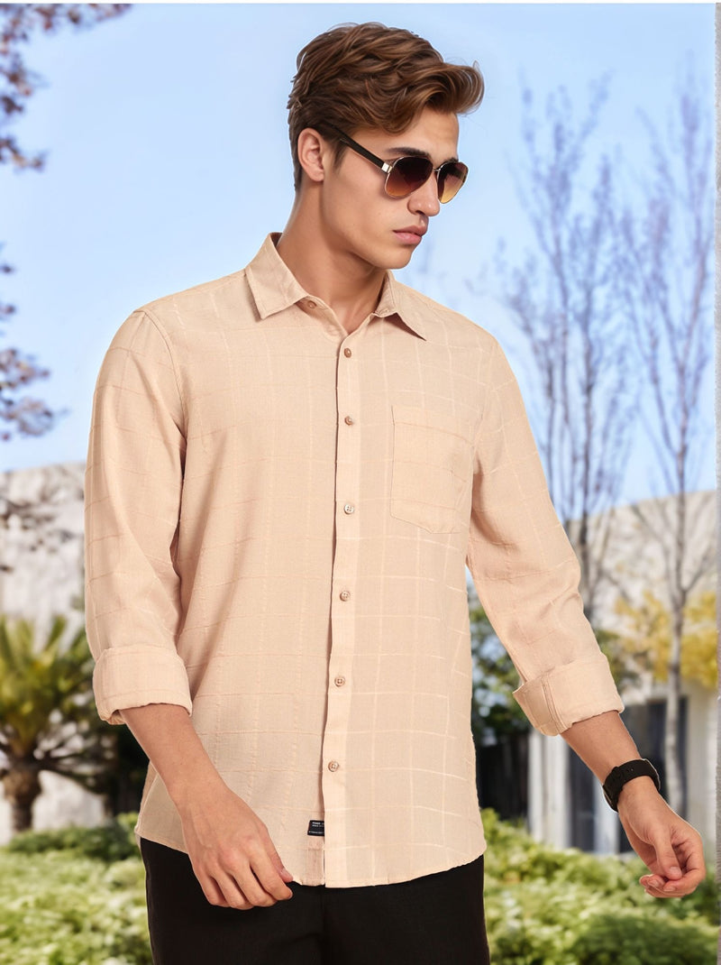 Thomas Scott Men Beige Regular Fit Long Sleeves Spread Collar Windowpane Checks Casual Shirt