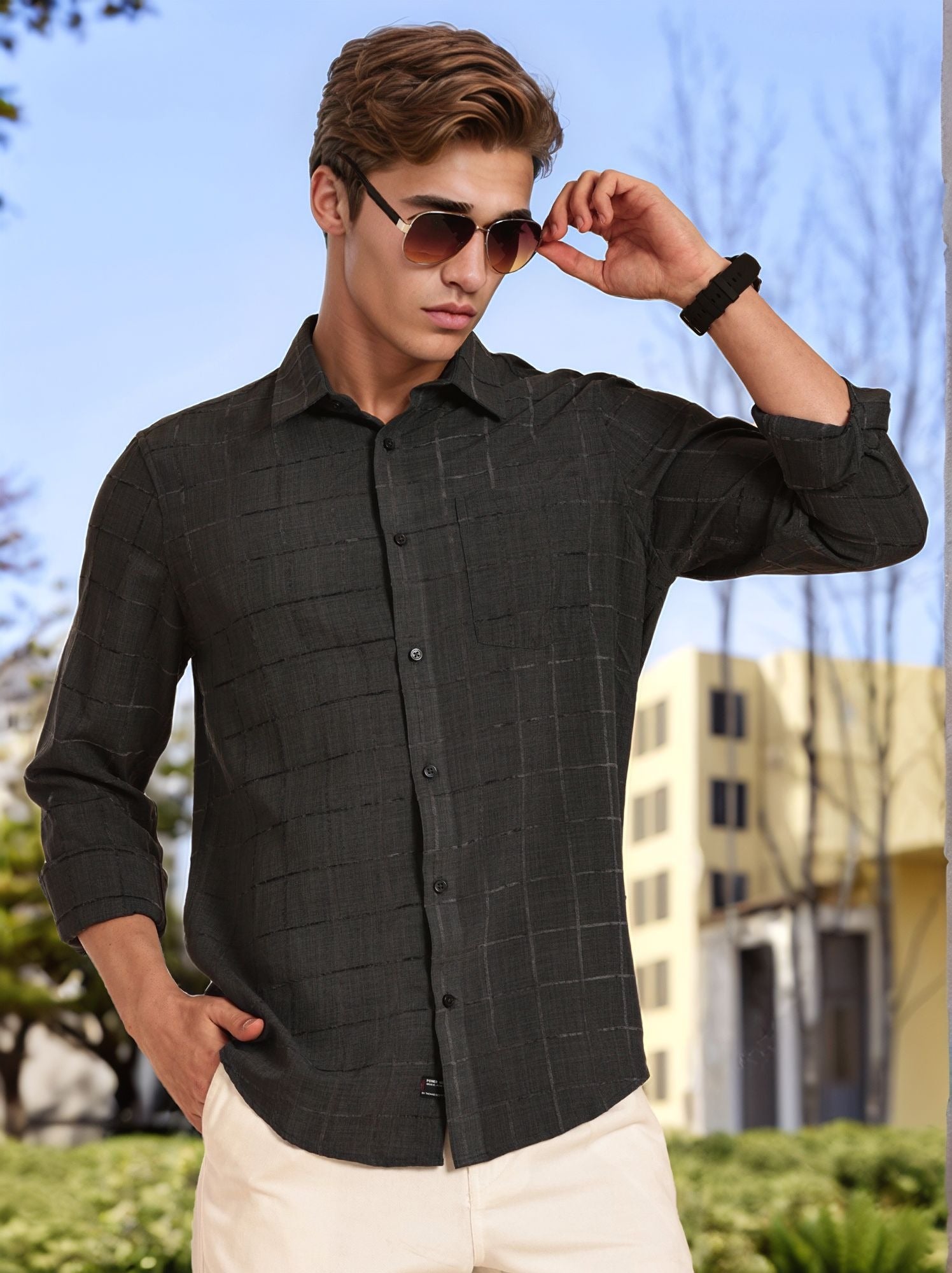 Thomas Scott Men Grey Regular Fit Long Sleeves Spread Collar Windowpane Checks Casual Shirt