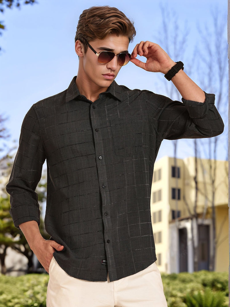 Thomas Scott Men Grey Regular Fit Long Sleeves Spread Collar Windowpane Checks Casual Shirt