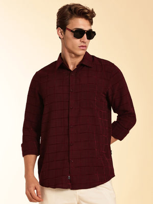 Thomas Scott Men Maroon Regular Fit Long Sleeves Spread Collar Windowpane Checks Casual Shirt