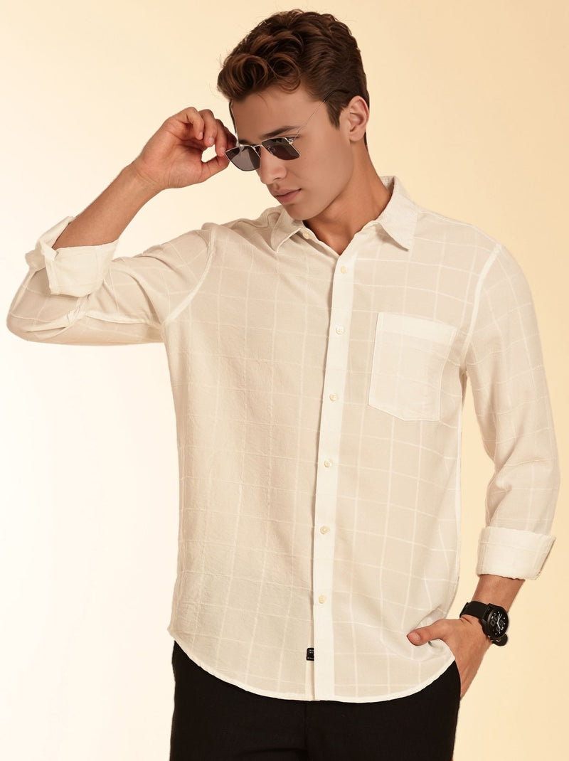 Thomas Scott Men White Regular Fit Long Sleeves Spread Collar Windowpane Checks Casual Shirt