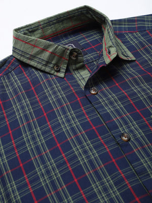 Midnight Blue Relaxed Long Sleeves Slim Fit Tartan Checkes Button-Down Collar Cotton Casual Shirt For Men