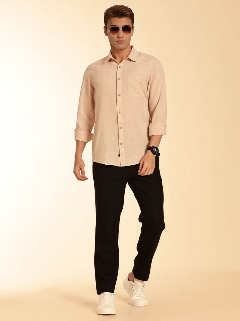 Thomas Scott Men Beige Regular Fit Long Sleeves Spread Collar Windowpane Checks Casual Shirt