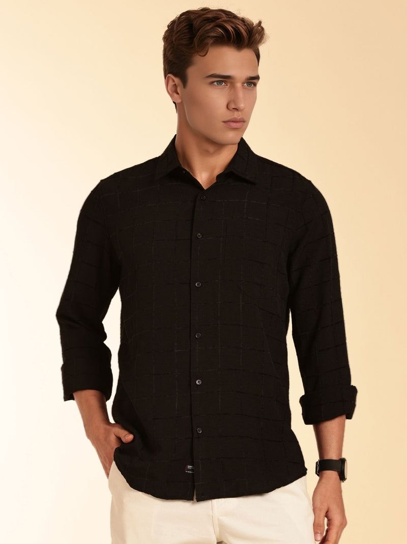 Thomas Scott Men Black Regular Fit Long Sleeves Spread Collar Windowpane Checks Casual Shirt