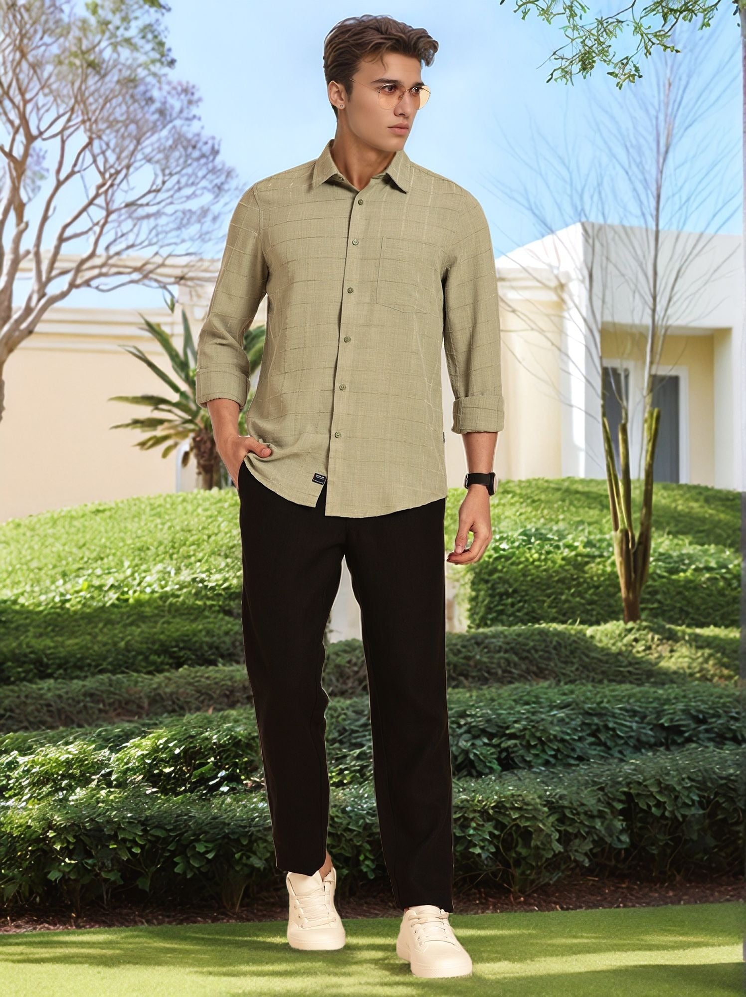 Thomas Scott Men Green Regular Fit Long Sleeves Spread Collar Windowpane Checks Casual Shirt