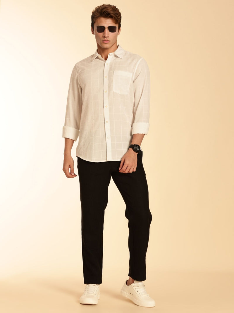 Thomas Scott Men White Regular Fit Long Sleeves Spread Collar Windowpane Checks Casual Shirt