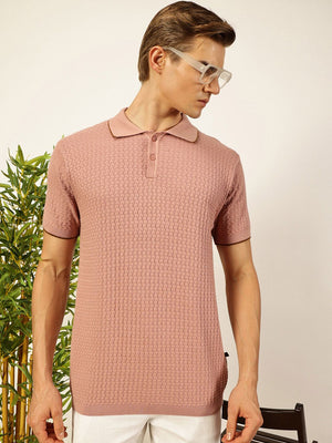 Pink Short Sleeves Regular Fit Self Design Cotton Polo Collar Knitted Tshirts For Men