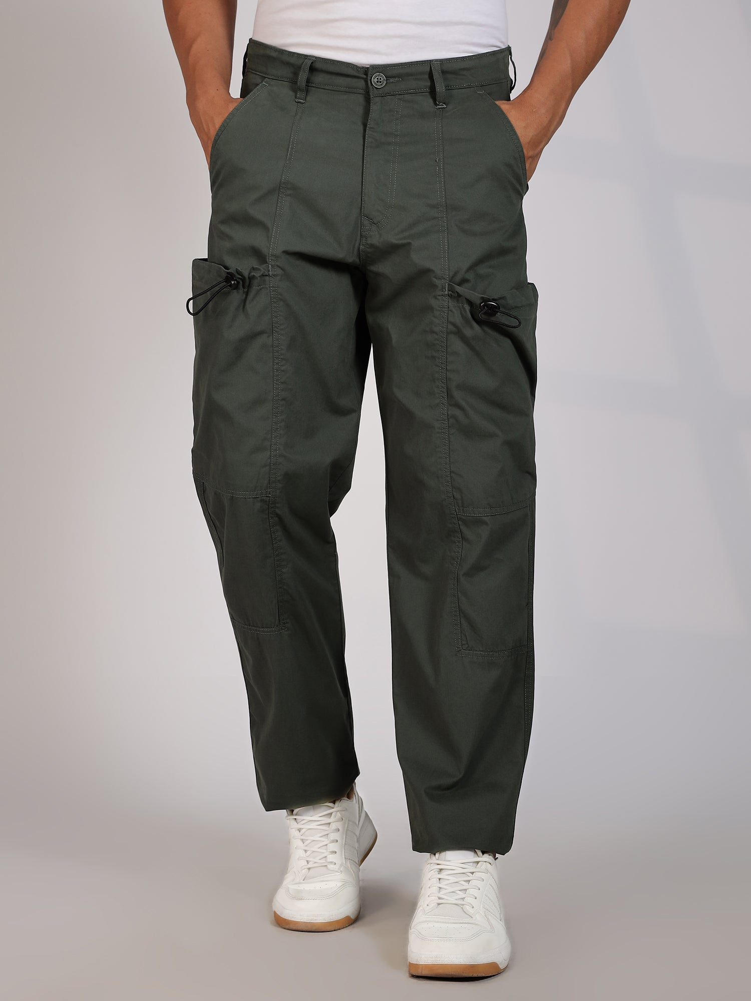Thomas Scott Men Olive Mid-Rise Straight Fit Woven Cargo Trousers