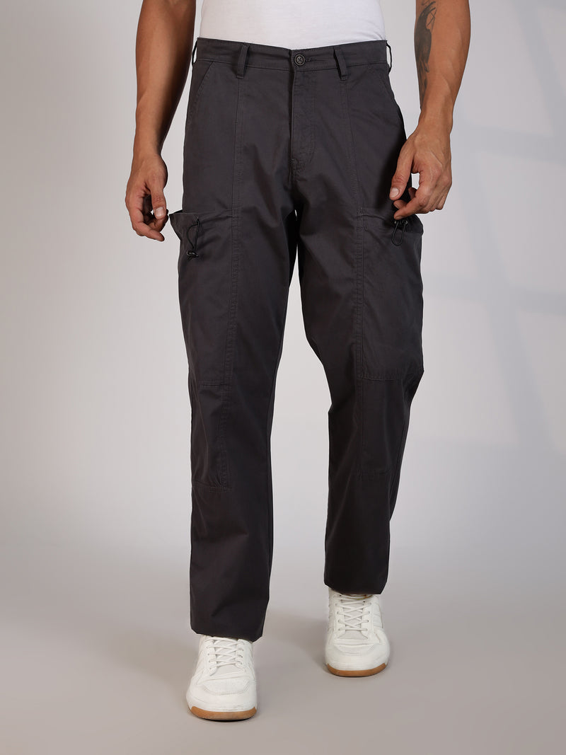 Thomas Scott Men Dk.Grey Mid-Rise Straight Fit Woven Cargo Trousers
