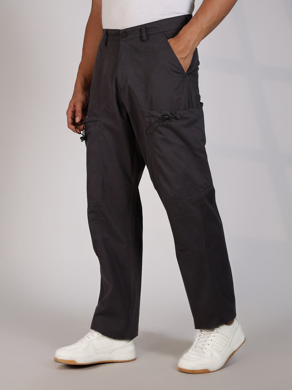 Thomas Scott Men Dk.Grey Mid-Rise Straight Fit Woven Cargo Trousers