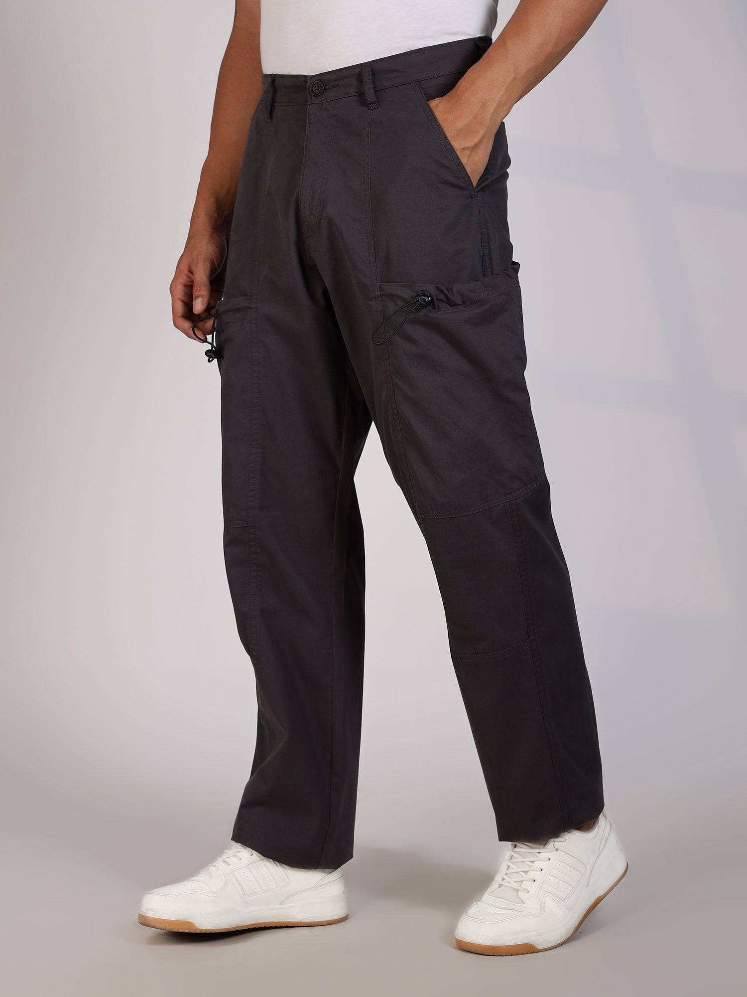 Thomas Scott Men Dk.Grey Mid-Rise Straight Fit Woven Cargo Trousers
