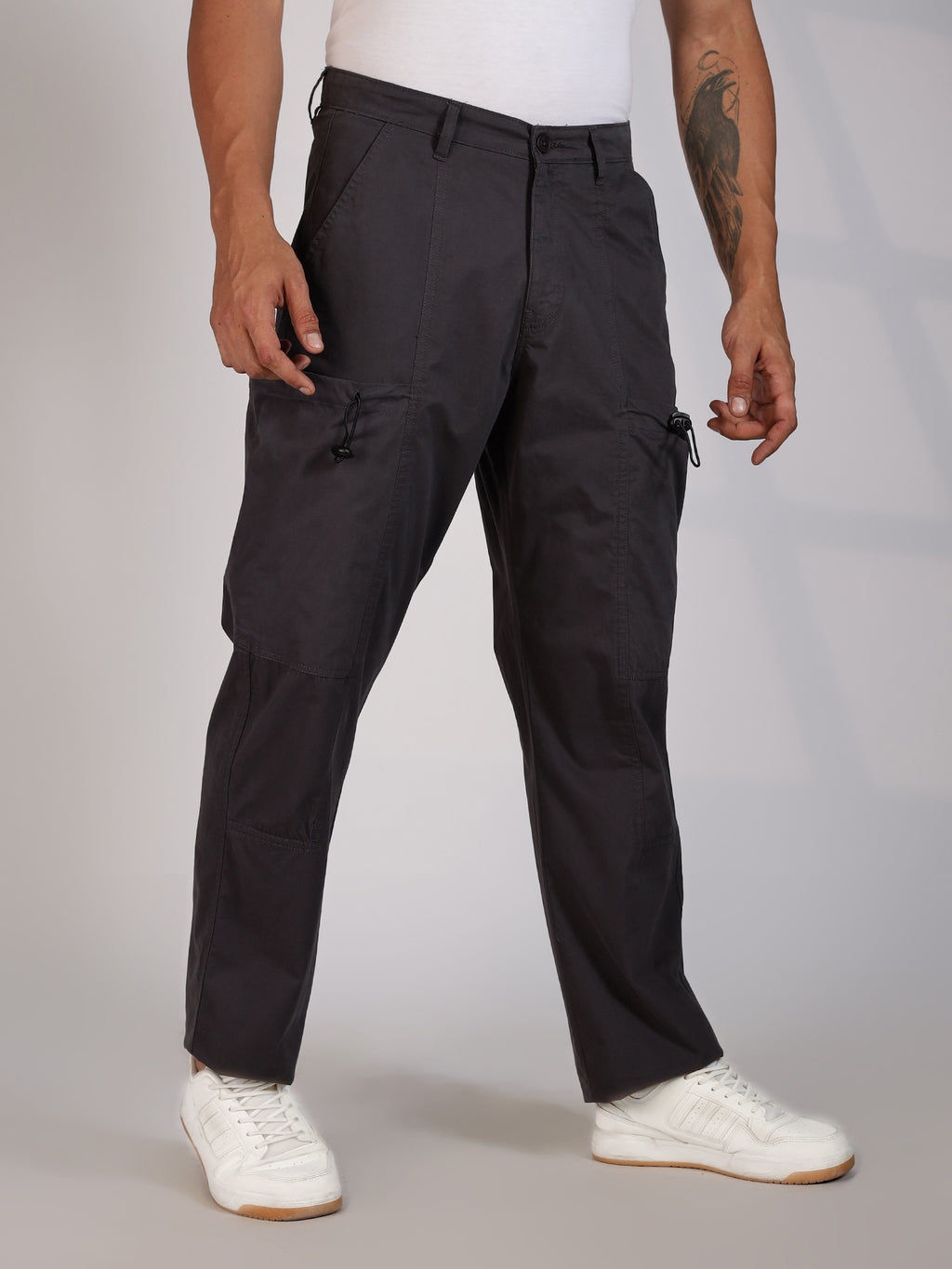 Thomas Scott Men Dk.Grey Mid-Rise Straight Fit Woven Cargo Trousers