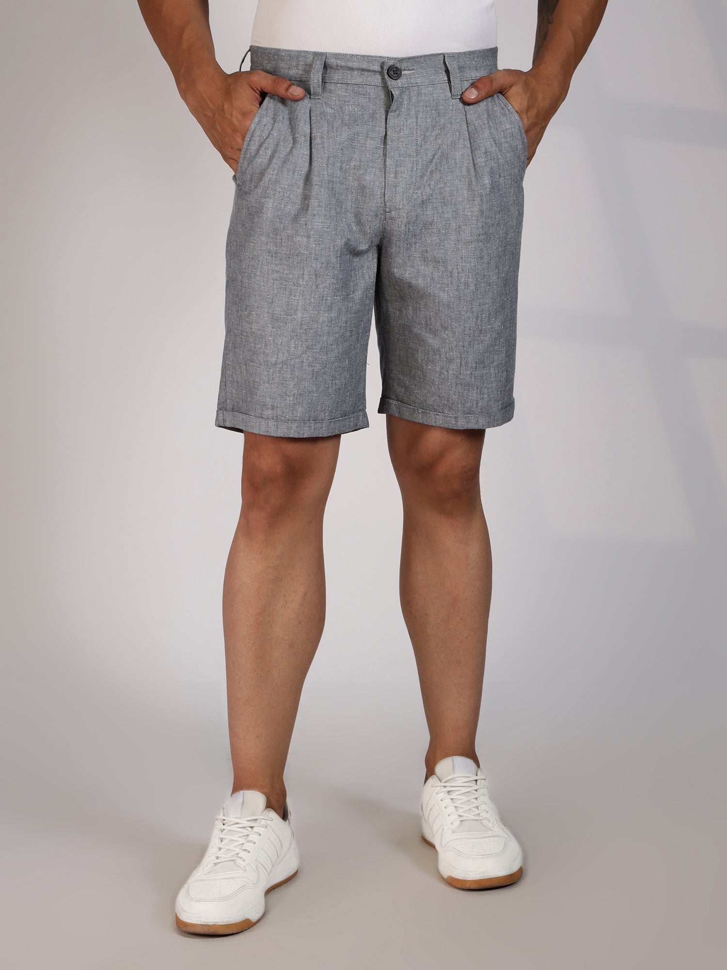 Thomas Scott Men Grey Mid-Rise Regular Fit Woven Linen Chino Shorts