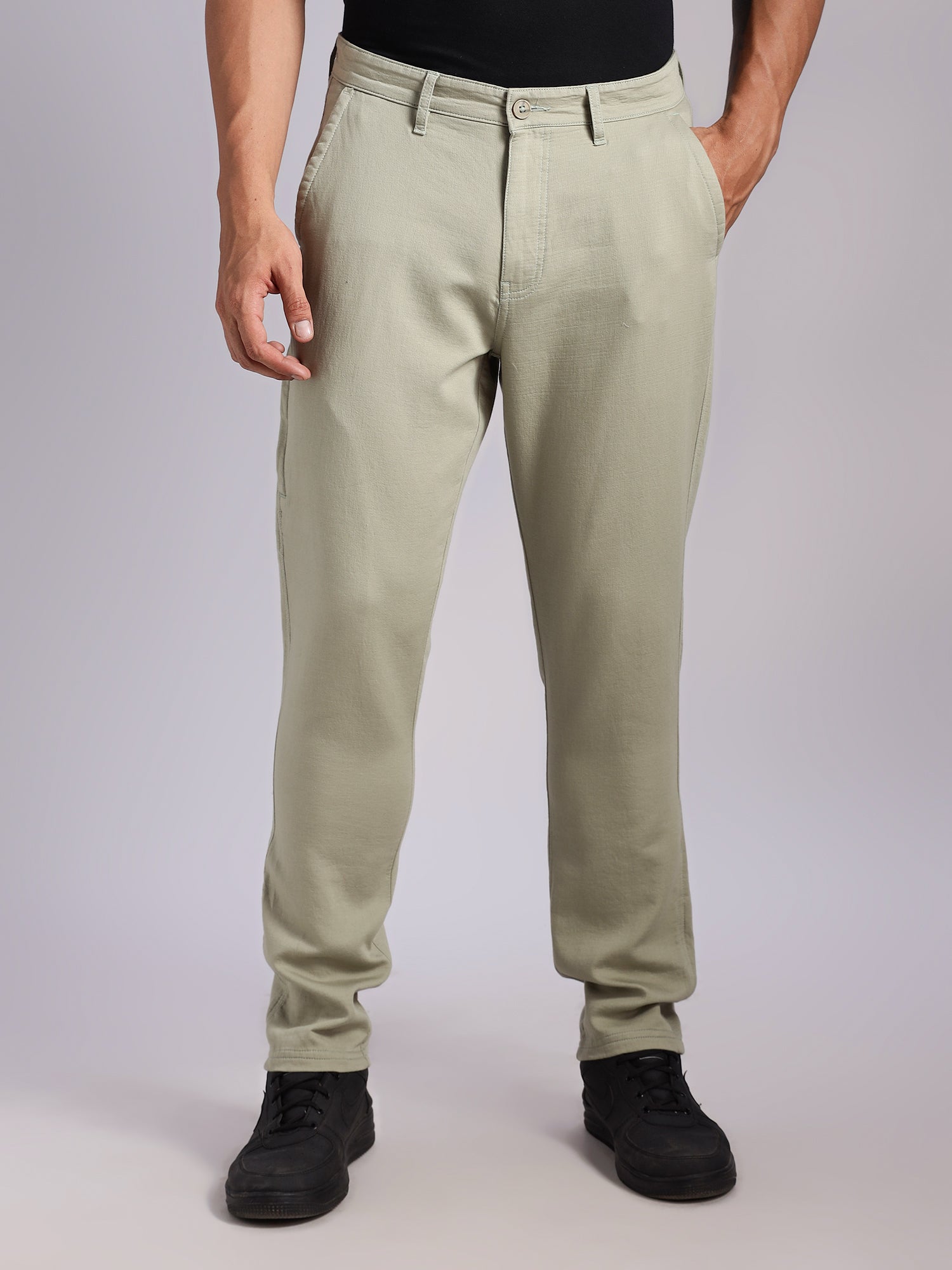 Thomas Scott Men LightOlive Mid-Rise Straight Fit Woven Chino Trousers