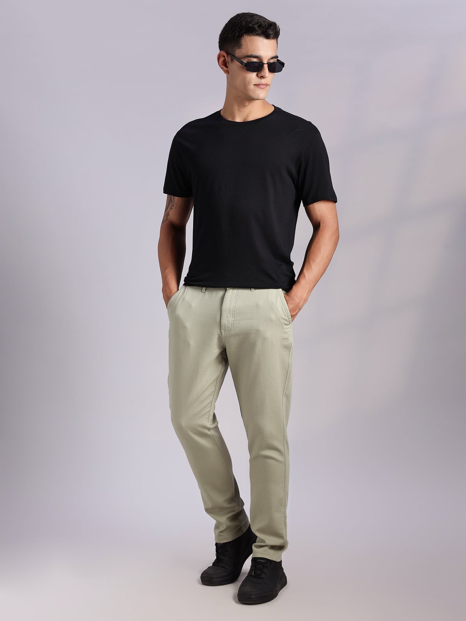 Thomas Scott Men LightOlive Mid-Rise Straight Fit Woven Chino Trousers