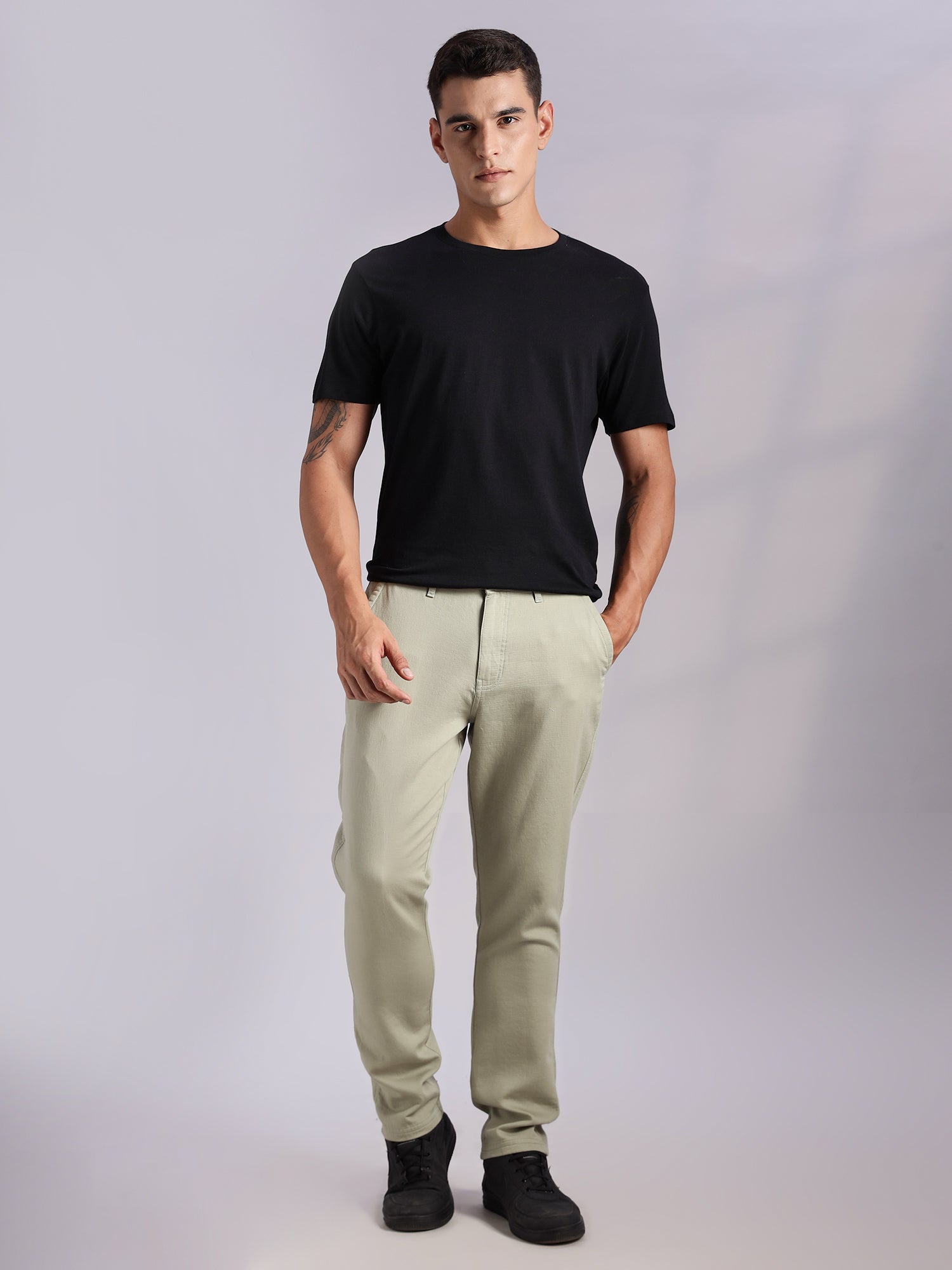 Thomas Scott Men LightOlive Mid-Rise Straight Fit Woven Chino Trousers