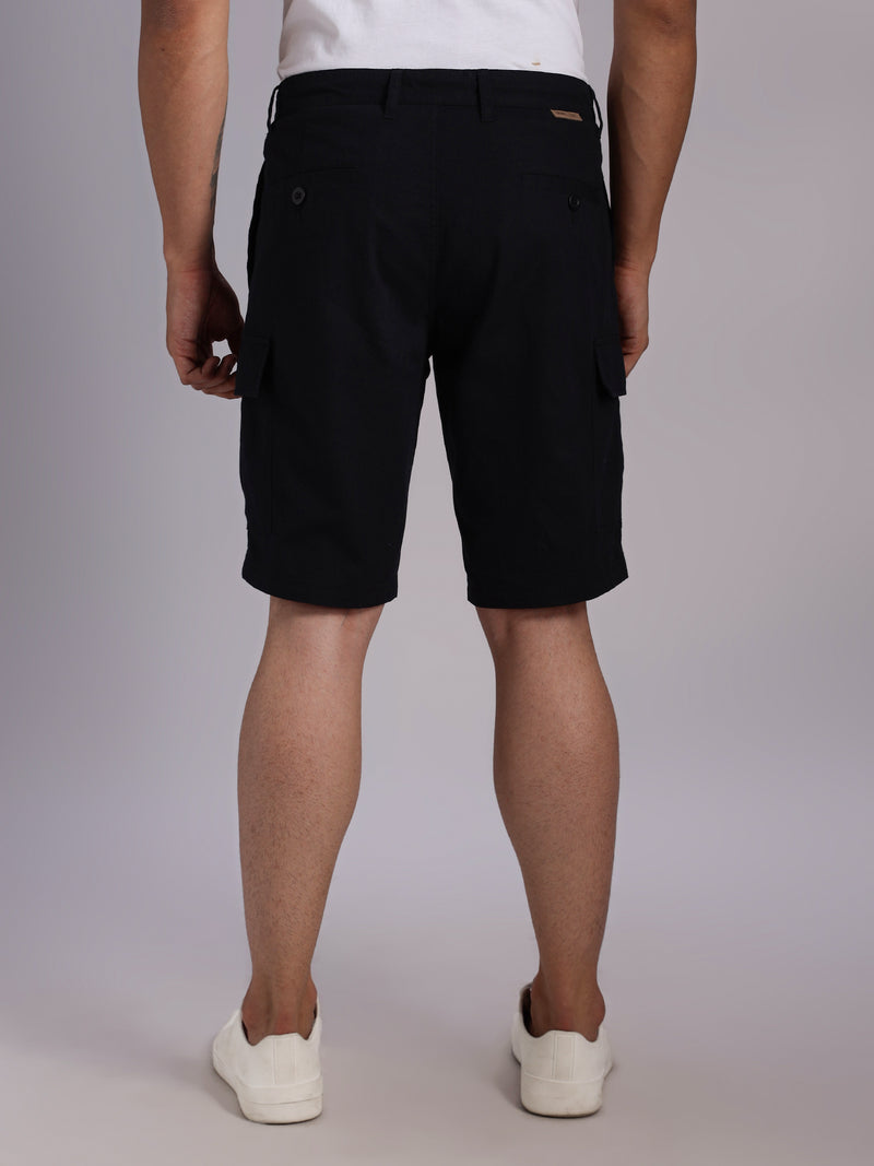 Thomas Scott Men Black Mid-Rise Regular Fit Solid Woven Linen Cargo Shorts