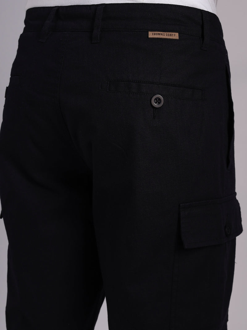 Thomas Scott Men Black Mid-Rise Regular Fit Solid Woven Linen Cargo Shorts