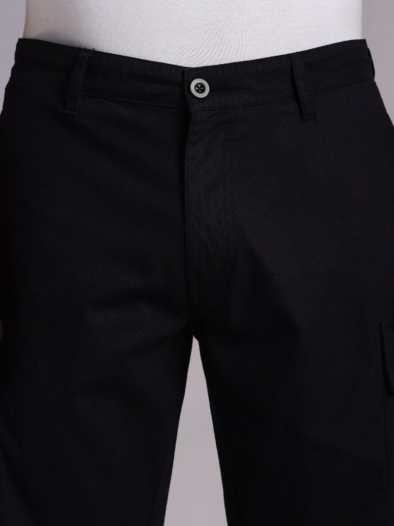 Thomas Scott Men Black Mid-Rise Regular Fit Solid Woven Linen Cargo Shorts