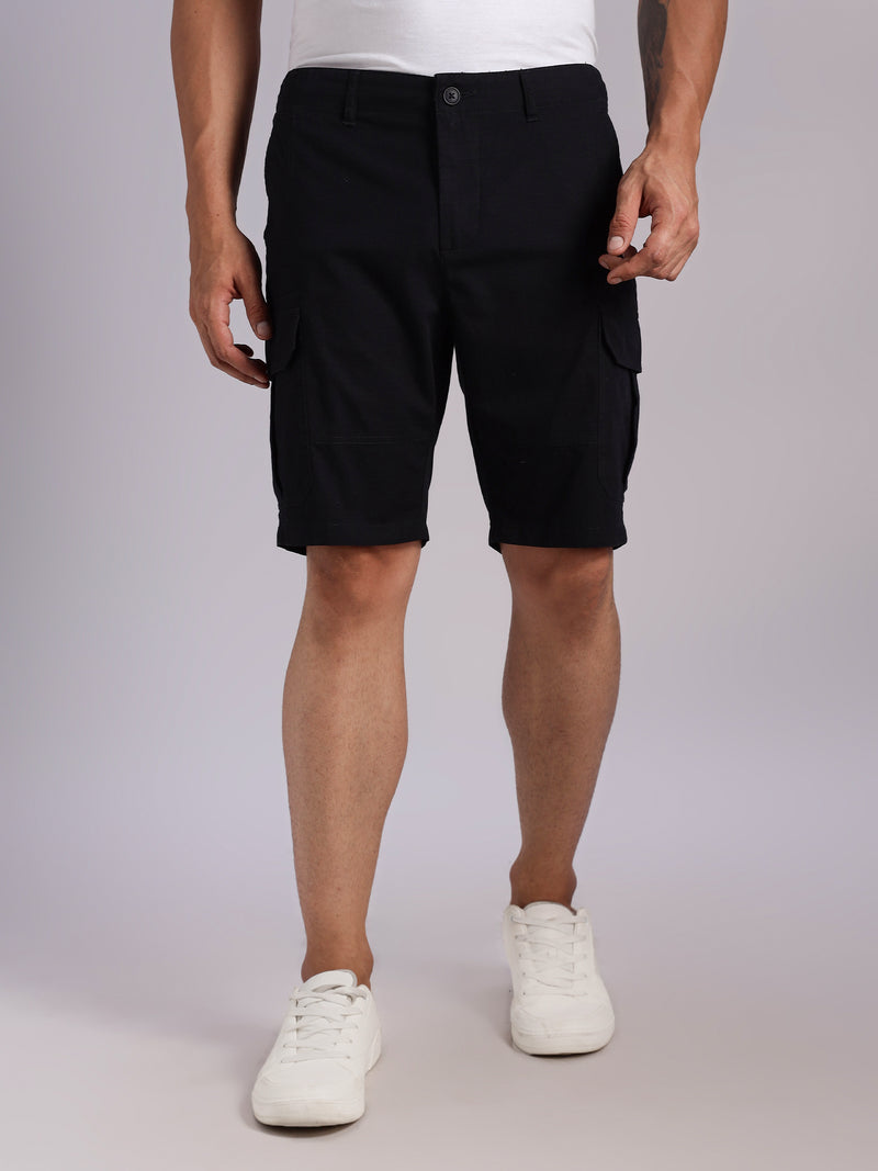 Thomas Scott Men Black Mid-Rise Regular Fit Solid Woven Cargo Shorts