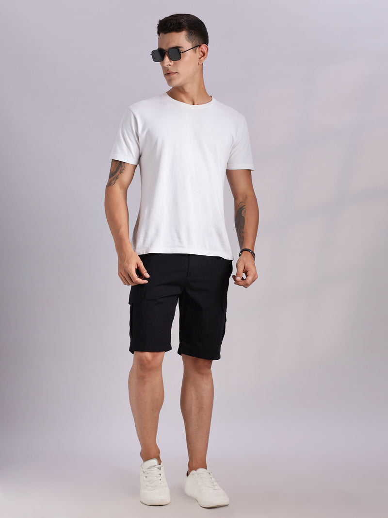 Thomas Scott Men Black Mid-Rise Regular Fit Solid Woven Cargo Shorts