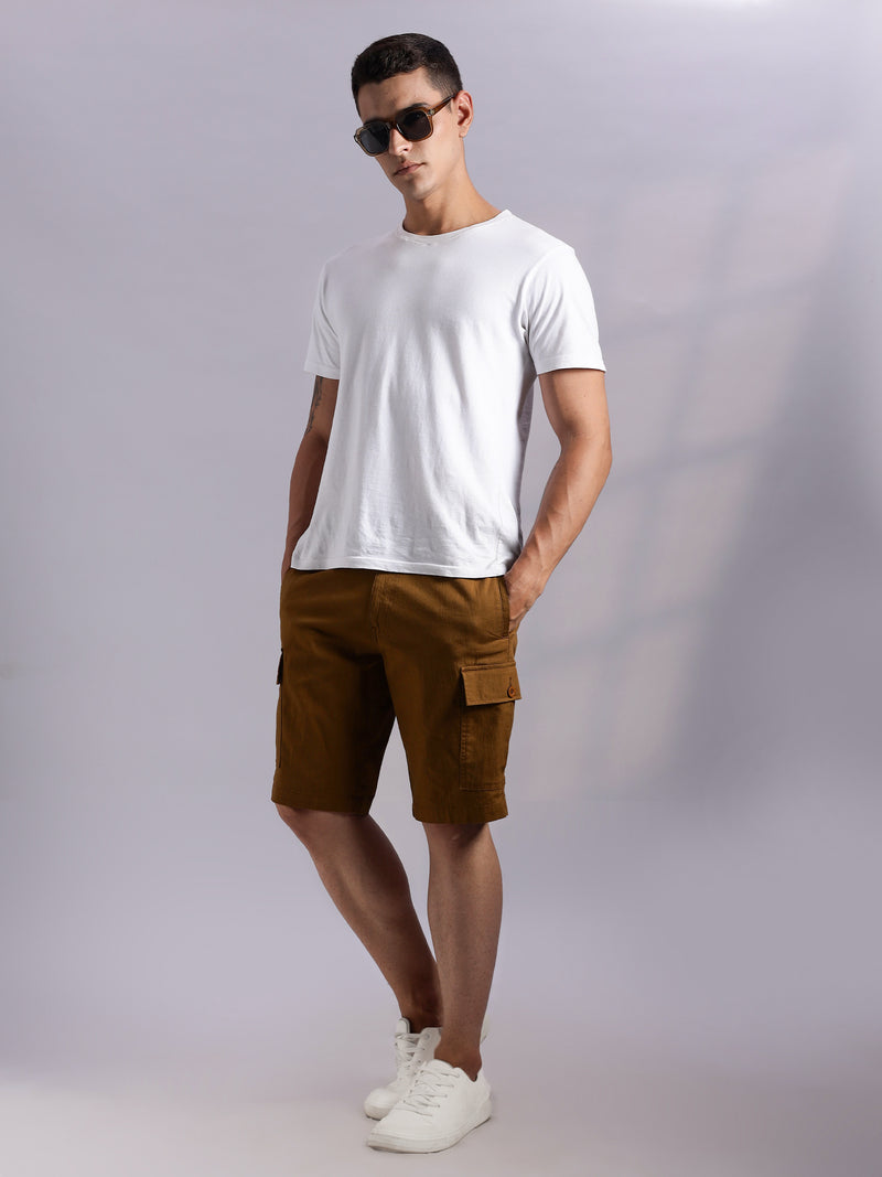 Thomas Scott Men Brown Mid-Rise Regular Fit Solid Woven Linen Cargo Shorts