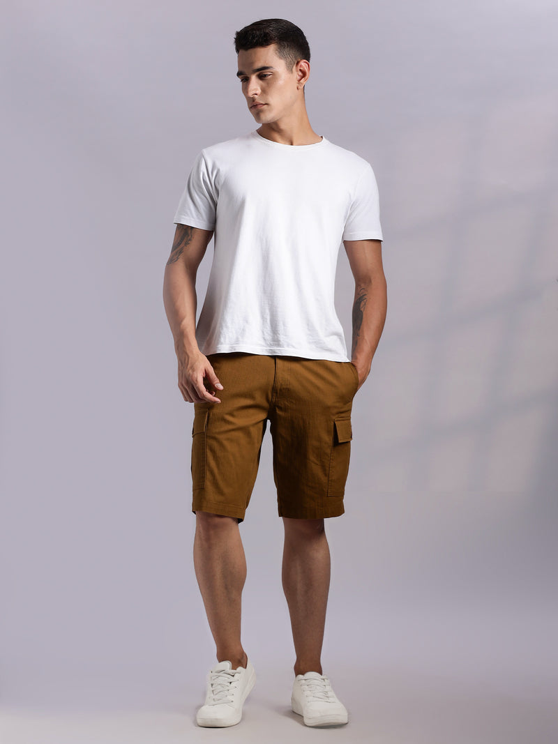 Thomas Scott Men Brown Mid-Rise Regular Fit Solid Woven Linen Cargo Shorts