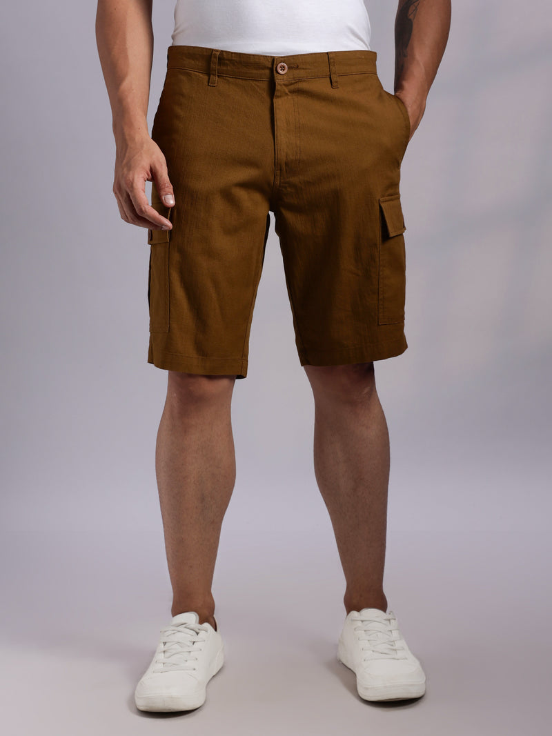 Thomas Scott Men Brown Mid-Rise Regular Fit Solid Woven Linen Cargo Shorts