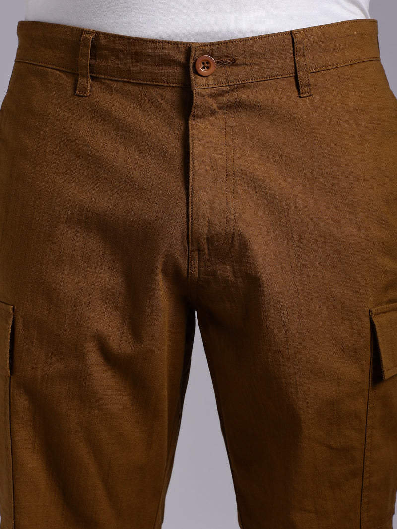 Thomas Scott Men Brown Mid-Rise Regular Fit Solid Woven Linen Cargo Shorts