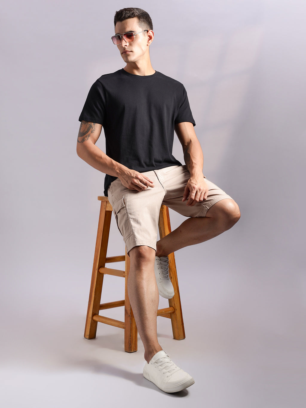 Thomas Scott Men Khaki Mid-Rise Regular Fit Solid Woven Linen Cargo Shorts