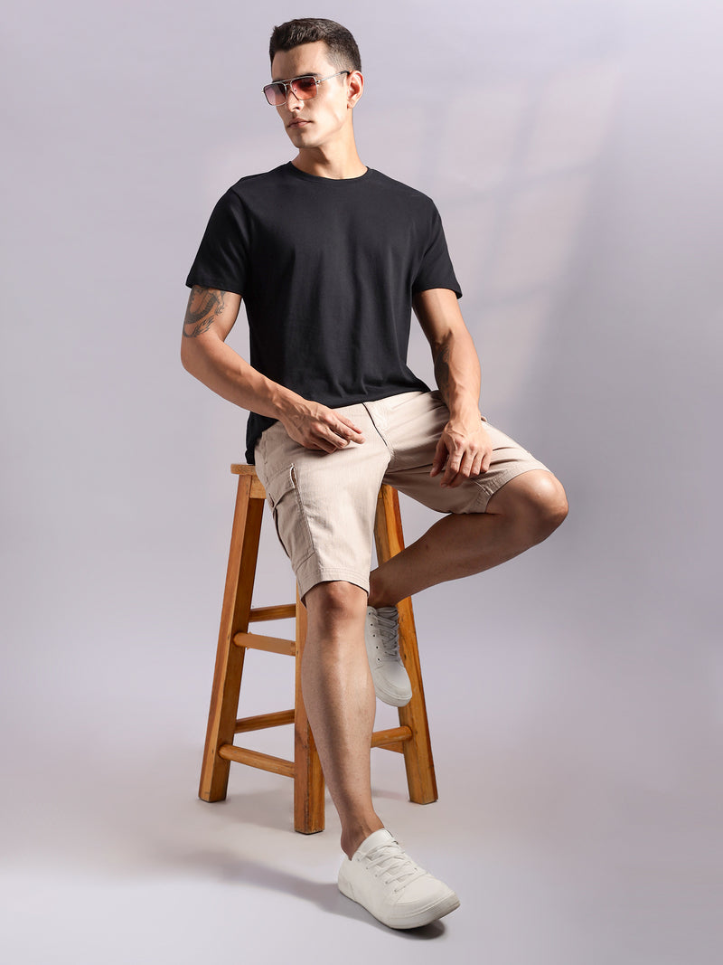 Thomas Scott Men Khaki Mid-Rise Regular Fit Solid Woven Linen Cargo Shorts