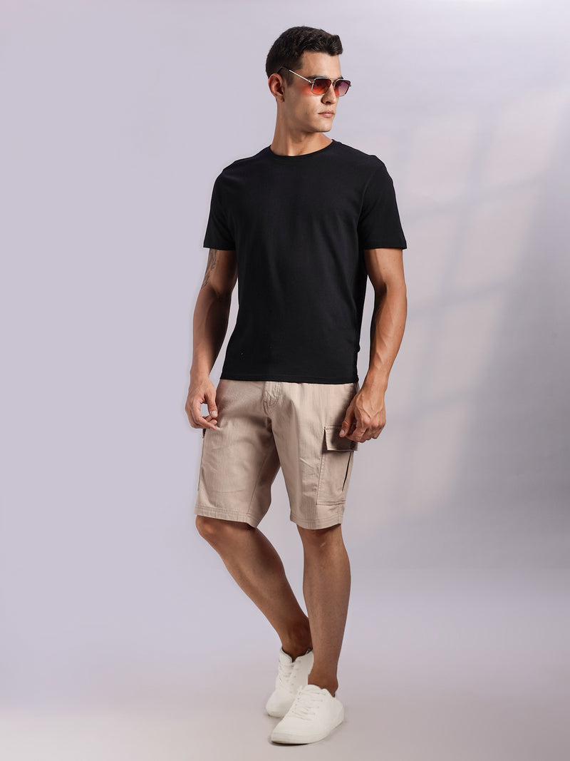 Thomas Scott Men Khaki Mid-Rise Regular Fit Solid Woven Linen Cargo Shorts