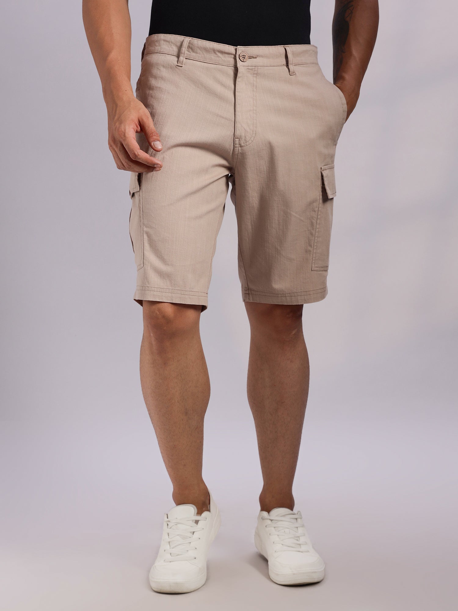 Thomas Scott Men Khaki Mid-Rise Regular Fit Solid Woven Linen Cargo Shorts