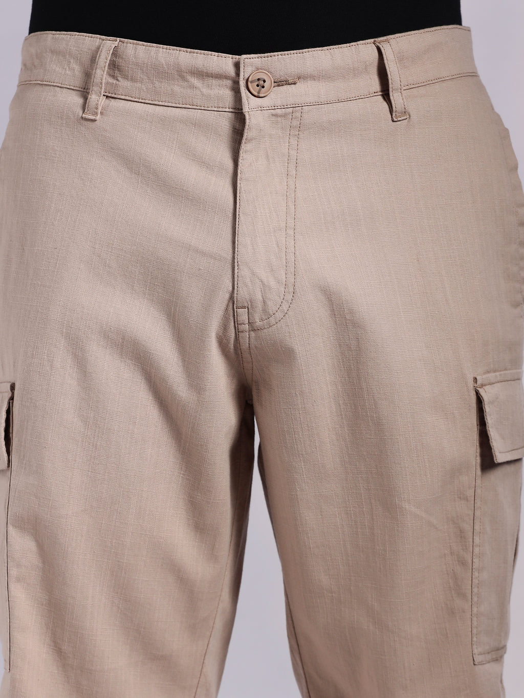 Thomas Scott Men Khaki Mid-Rise Regular Fit Solid Woven Linen Cargo Shorts