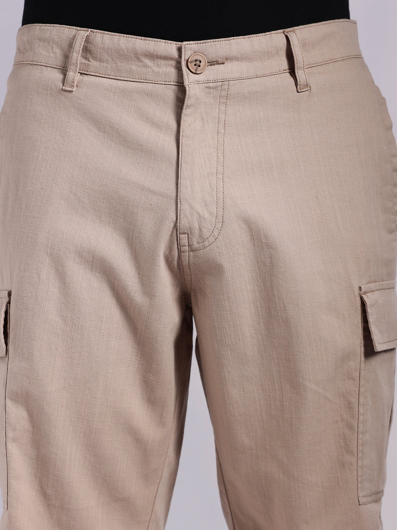 Thomas Scott Men Khaki Mid-Rise Regular Fit Solid Woven Linen Cargo Shorts