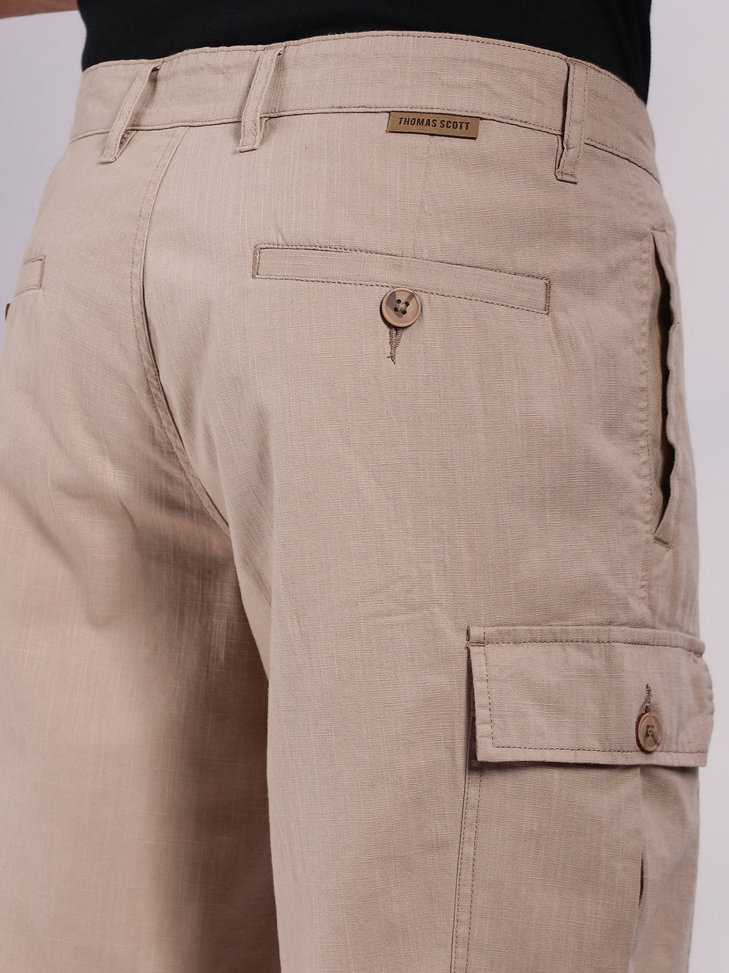 Thomas Scott Men Khaki Mid-Rise Regular Fit Solid Woven Linen Cargo Shorts