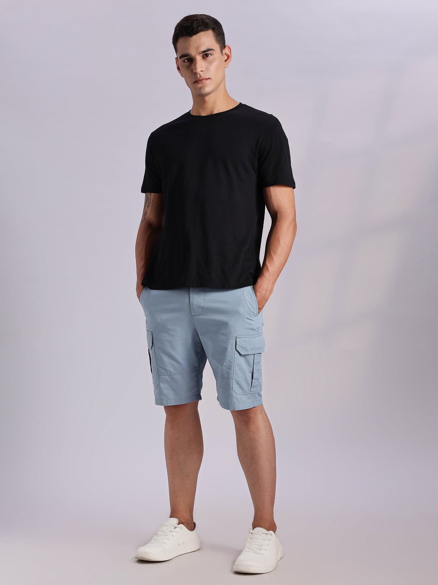 Thomas Scott Men MidBlue Mid-Rise Regular Fit Solid Woven Cargo Shorts