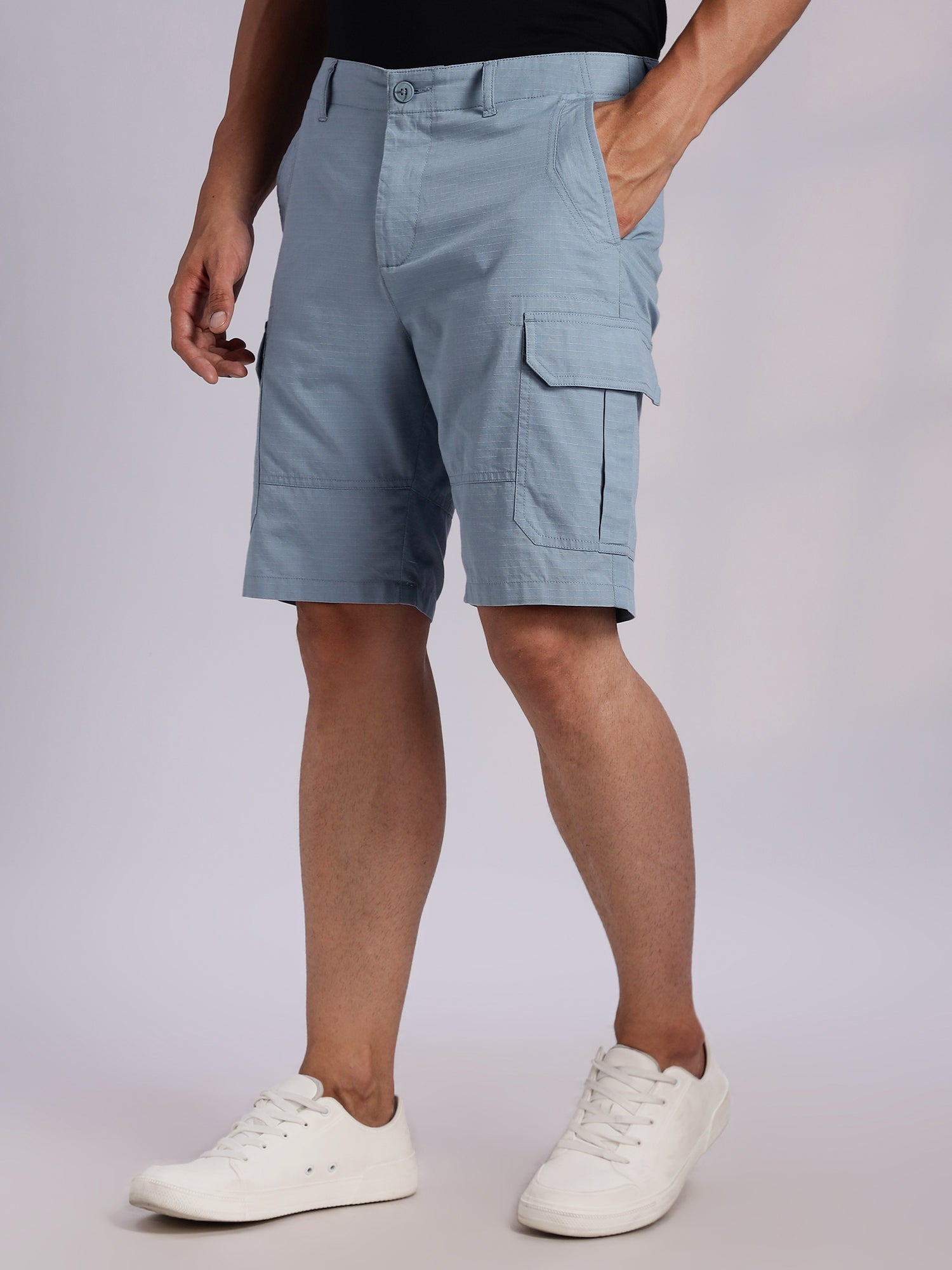 Thomas Scott Men MidBlue Mid-Rise Regular Fit Solid Woven Cargo Shorts