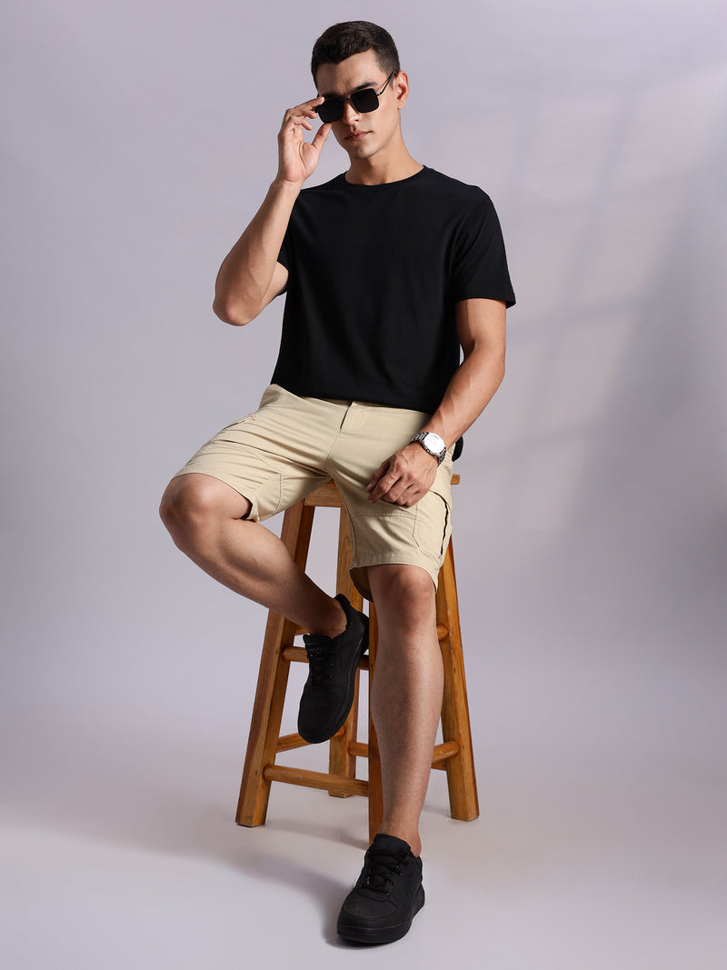 Thomas Scott Men Beige Mid-Rise Regular Fit Solid Woven Cargo Shorts