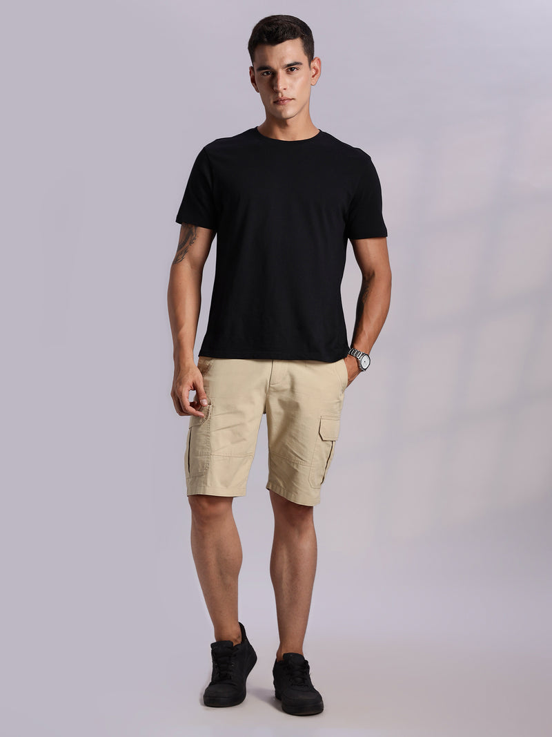 Thomas Scott Men Beige Mid-Rise Regular Fit Solid Woven Cargo Shorts