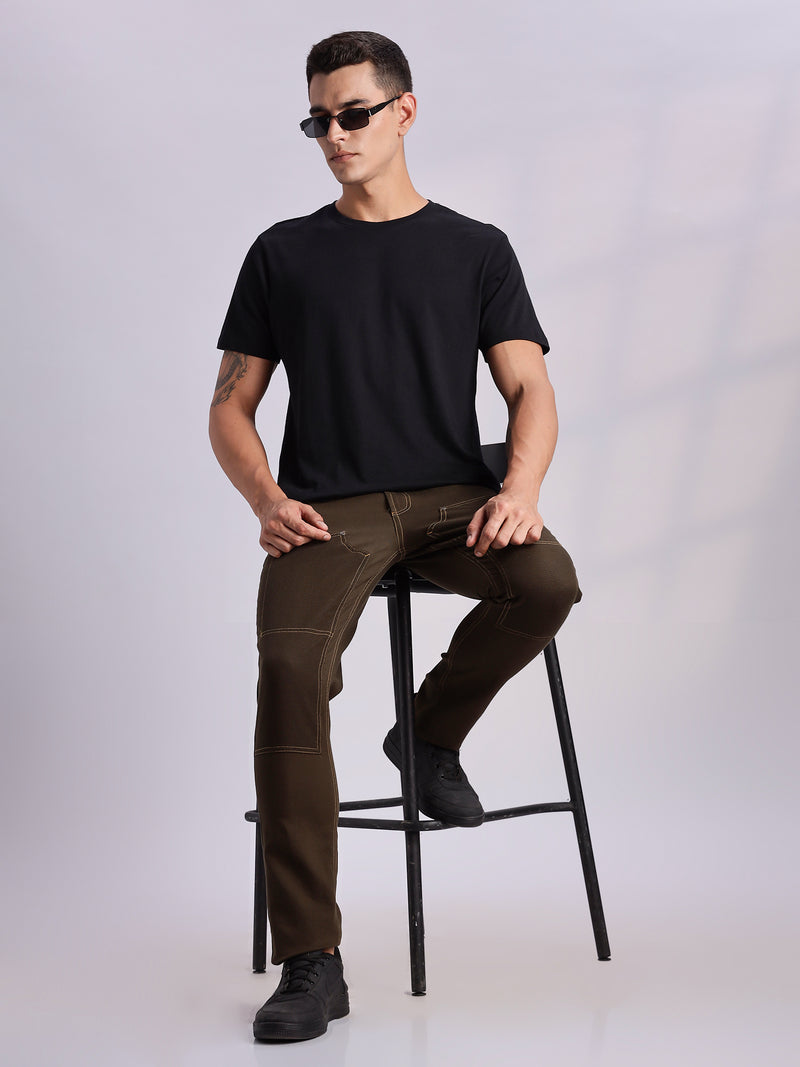 Thomas Scott Men DarkOlive Mid-Rise Straight Fit Woven Trouser