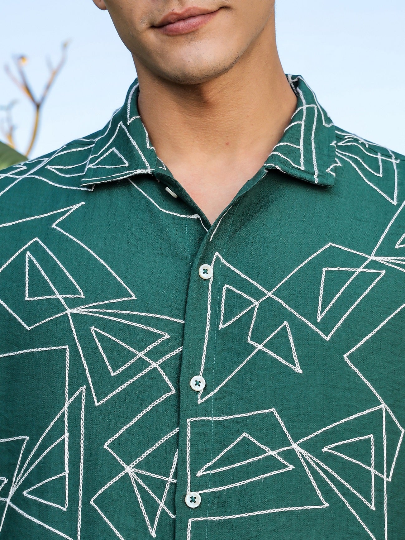 Thomas Scott Men Green Regular Fit Short Sleeves Spread Collar Embroidered Shirt
