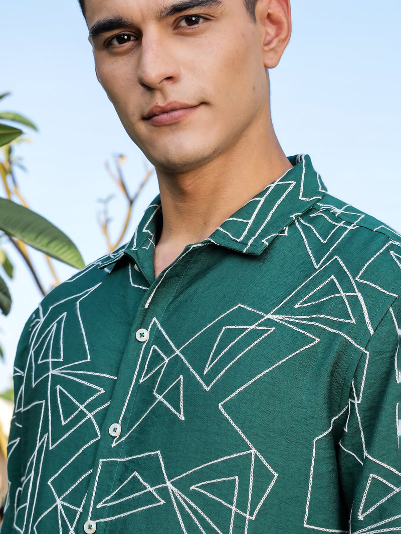 Thomas Scott Men Green Regular Fit Short Sleeves Spread Collar Embroidered Shirt
