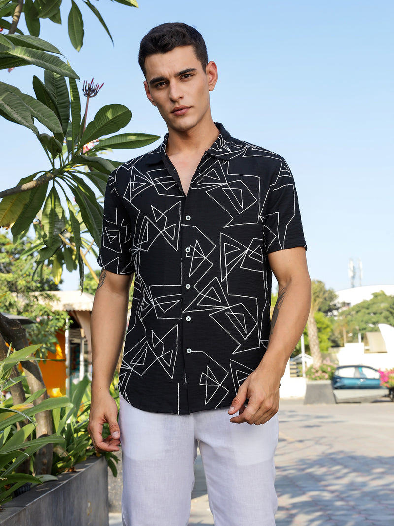 Thomas Scott Men Black Regular Fit Short Sleeves Spread Collar Embroidered Shirt