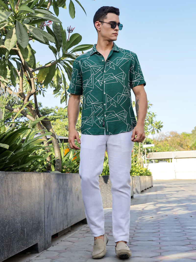 Thomas Scott Men Green Regular Fit Short Sleeves Spread Collar Embroidered Shirt