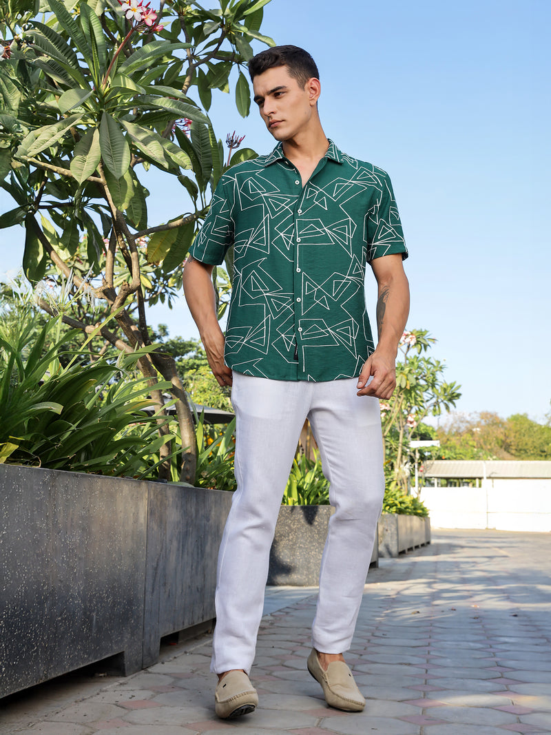 Thomas Scott Men Green Regular Fit Short Sleeves Spread Collar Embroidered Shirt